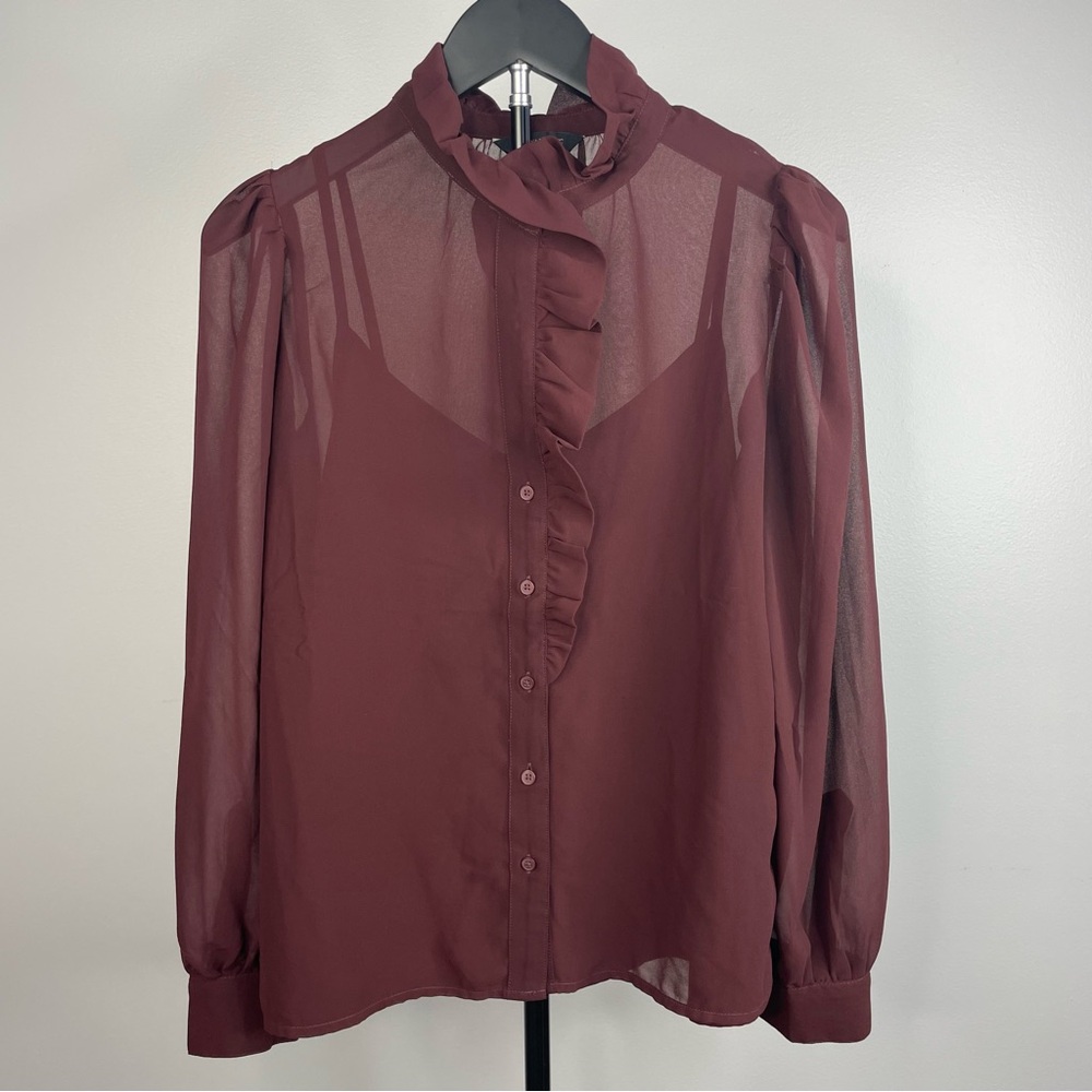 Women’s Banana Republic Burgundy Sheer Ruffle Blouse‎ Size Small
